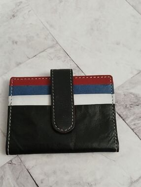 Striped Colorblock Leather Wallet - Black, Red, Blue, White